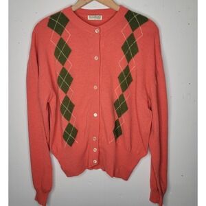 Pennyblack Italy Coral Pink Argyle Button Front Cardigan Sweater Womens Large